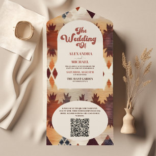 QR Code Aztec Tribal Brown Ethnic Western Wedding All In One Invitation