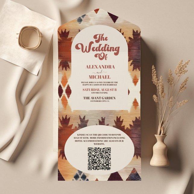 QR Code Aztec Tribal Brown Ethnic Western Wedding All In One Invitation (Creator Uploaded)