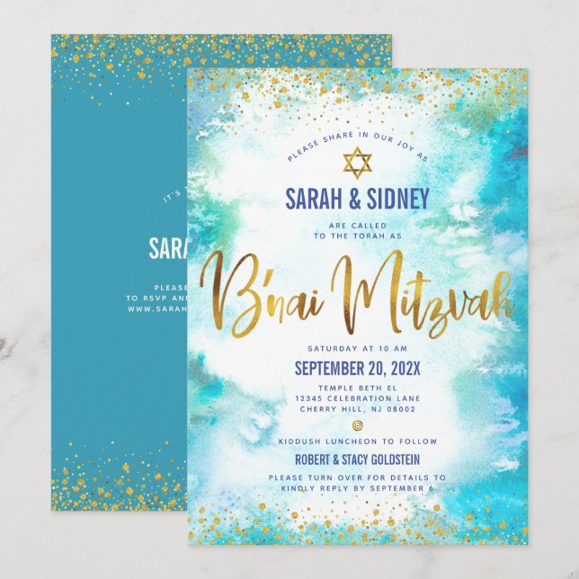 QR Code B’nai Mitzvah Gold Turquoise Watercolor Invitation (Front/Back)