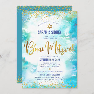 QR Code B’nai Mitzvah Gold Turquoise Watercolor Invitation