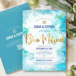 QR Code B’nai Mitzvah Turquoise Watercolor Gold Invitation