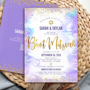 QR Code B’not Mitzvah Purple Watercolor Gold Foil Invitation