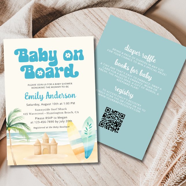 QR Code Baby on Board Surfboard Beach Shower Boy Invitation (Creator Uploaded)