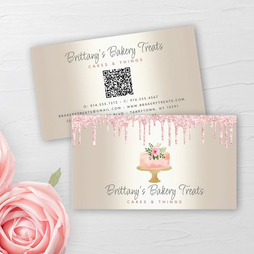 QR Code Bakery Blush Pink Cake Glitter Drips Gold Business Card