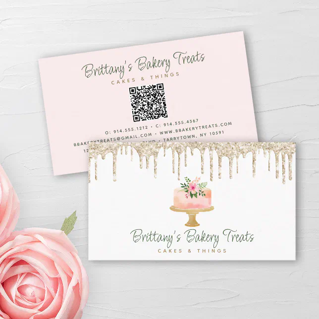 QR Code Bakery Blush Pink Cake Gold Glitter Drips Business Card | Zazzle