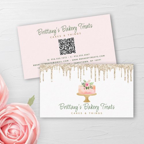 QR Code Bakery Blush Pink Cake Gold Glitter Drips Business Card