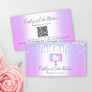QR Code Bakery Cake Purple Glitter Drips Dessert Business Card