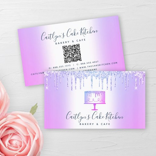 Customizable QR Code Bakery Cake Purple Glitter Drips Dessert Business Card