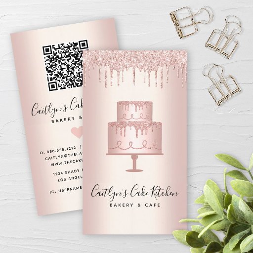 Customizable QR Code Bakery Cake Rose Gold Glitter Drip Dessert Business Card