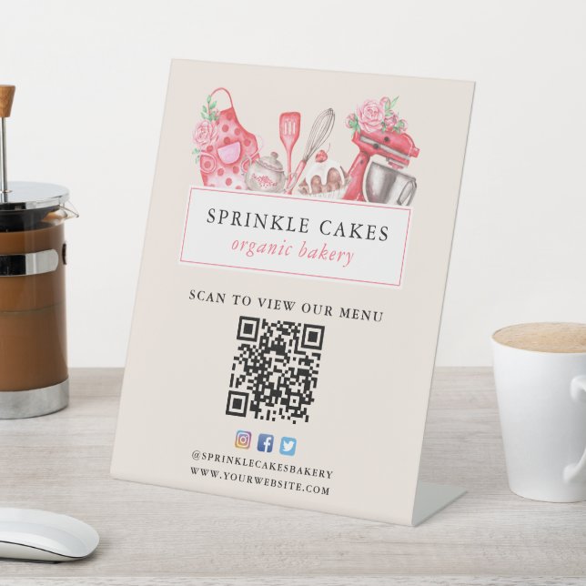 QR Code Bakery Menu Watercolor Baking Utensils Pedestal Sign (In SItu)