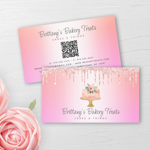 QR Code Bakery Pink Cake Glitter Rainbow Ombre Business Card