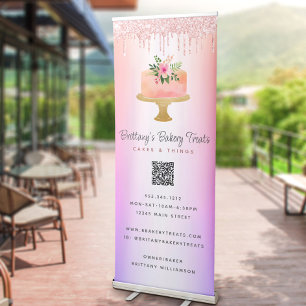 QR Code Bakery Pink Cake Glitter Rainbow Ombre Retractable Banner