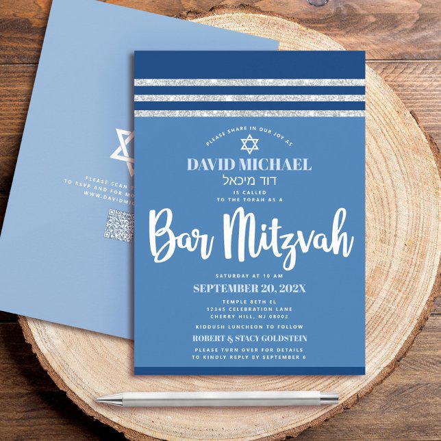 QR Code Bar Mitzvah Blue Silver Tallit Bold Script Invitation (Creator Uploaded)