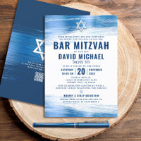 QR Code Bar Mitzvah Navy Bold Typography Blue Foil
