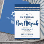 QR Code Bar Mitzvah Navy Silver Tallit Bold Script Invitation<br><div class="desc">Be proud, rejoice and showcase this milestone of your favorite Bar Mitzvah! Send out this cool, unique, modern, personalized QR code invitation for an event to remember. Bold, navy blue script typography, Star of David and a navy blue and silver glitter striped tallit inspired graphic overlay a simple, white background....</div>