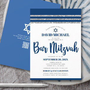 QR Code Bar Mitzvah Navy Silver Tallit Bold Script Invitation