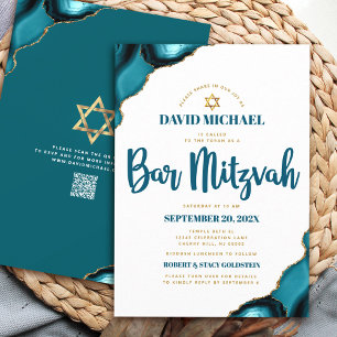 QR Code Bar Mitzvah Turquoise Agate Script White Invitation