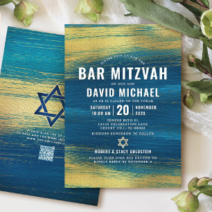 QR Code Bar Mitzvah Turquoise Gold Foil Modern Invitation