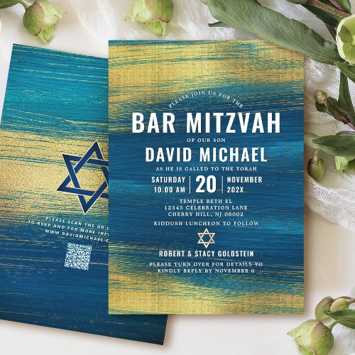 QR Code Bar Mitzvah Turquoise Gold Foil Modern