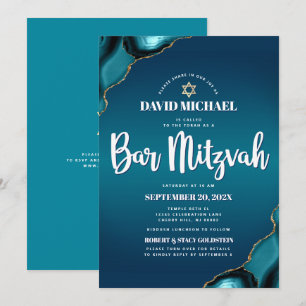 QR Code Bar Mitzvah Turquoise Ombre Agate Modern Invitation