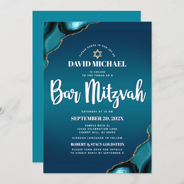 QR Code Bar Mitzvah Turquoise Ombre Agate Modern Invitation (Front/Back)
