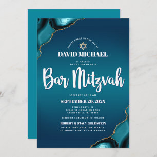 QR Code Bar Mitzvah Turquoise Ombre Agate Modern Invitation