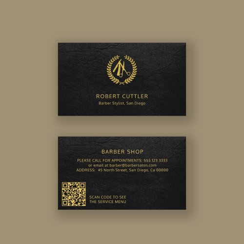 QR CODE barbershop LOGO elegant black gold Business Card