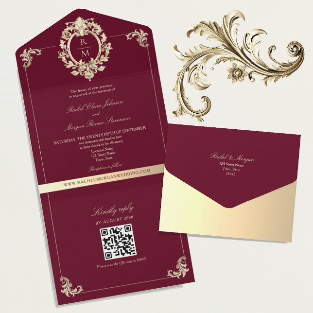 QR Code Baroque Burgundy Gold Wedding All In One Invitation (Creator Uploaded)