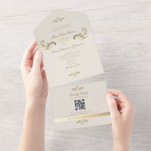 QR Code Baroque Gold Wedding All In One Invitation