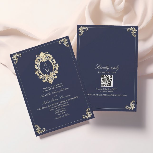 QR Code Baroque Navy Blue Wedding Invitation (Creator Uploaded)