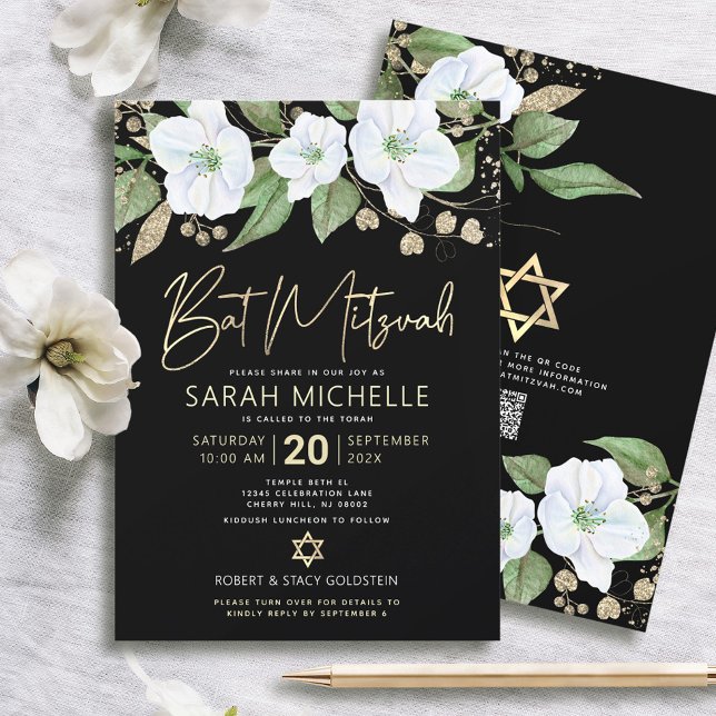 QR Code Bat Mitzvah Black Gold Floral Script Girly Invitation (Creator Uploaded)