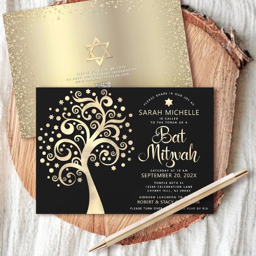 QR Code Bat Mitzvah Black Gold Tree of Life Script