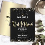 QR Code Bat Mitzvah Modern Black Gold Glitter Foil Invitation<br><div class="desc">Be proud, rejoice and showcase this milestone of your favorite Bat Mitzvah! Send out this stunning, modern, personalized QR code invitation for an event to remember. Graphic faux gold foil calligraphy script, Star of David and confetti dots, overlay a rich, dramatic, black background. On the back, your daughter’s name, Star...</div>