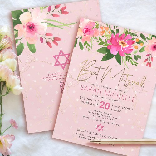 QR Code Bat Mitzvah Pink Floral Gold Foil Script
