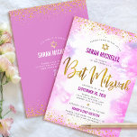 QR Code Bat Mitzvah Pink Watercolor Gold Glitter Invitation<br><div class="desc">Be proud, rejoice and showcase this milestone of your favorite Bat Mitzvah! Send out this stunning, modern, personalized QR code invitation for an event to remember. Sparkly faux gold foil script, glitter dots, Star of David and handwritten script typography overlay a soft pink watercolor background. On the back, additional gold...</div>
