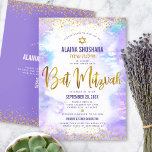 QR Code Bat Mitzvah Purple Gold Glitter Watercolor Invitation<br><div class="desc">Be proud, rejoice and showcase this milestone of your favorite Bat Mitzvah! Send out this stunning, modern, personalized QR code invitation for an event to remember. Sparkly faux gold foil script, glitter dots, Star of David and handwritten script typography overlay a light purple watercolor background. On the back, additional gold...</div>