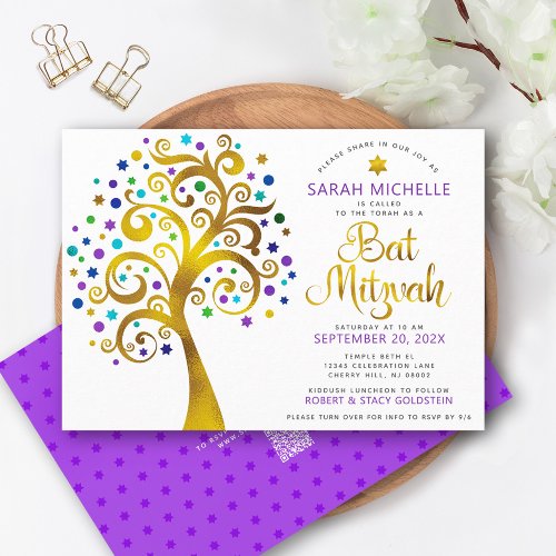 QR Code Bat Mitzvah Purple Gold Tree of Life Bold