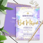 QR Code Bat Mitzvah Purple Watercolor Gold Glitter Invitation<br><div class="desc">Be proud, rejoice and showcase this milestone of your favorite Bat Mitzvah! Send out this stunning, modern, personalized QR code invitation for an event to remember. Sparkly faux gold foil script, glitter dots, Star of David and handwritten script typography overlay a light purple watercolor background. On the back, additional gold...</div>