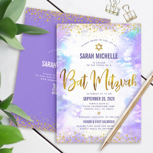 QR Code Bat Mitzvah Purple Watercolor Gold Glitter Invitation