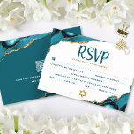 QR Code Bat Mitzvah Turquoise Agate Bold RSVP Card<br><div class="desc">Be proud, rejoice and celebrate this milestone of your favorite Bat Mitzvah with this cool, unique, modern, personalized RSVP insert card for your event! Dark teal script typography overlays a simple, clean white background with turquoise blue agate rocks accented with faux gold veins. On the back, your personal qr code...</div>