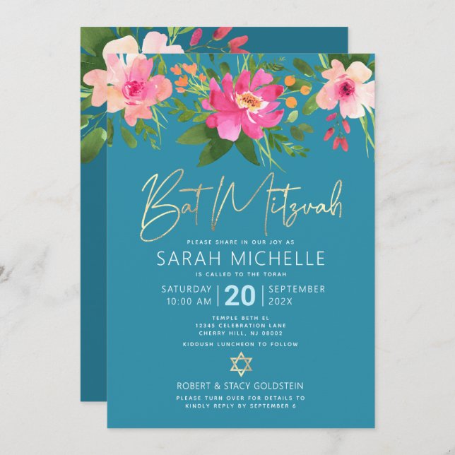 QR Code Bat Mitzvah Turquoise Floral Gold Script Invitation (Front/Back)