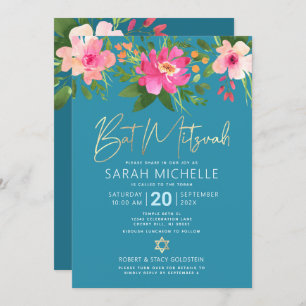 QR Code Bat Mitzvah Turquoise Floral Gold Script Invitation