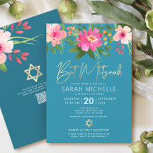 QR Code Bat Mitzvah Turquoise Floral Gold Script