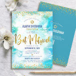 QR Code Bat Mitzvah Turquoise Gold Foil Watercolor Invitation<br><div class="desc">Be proud, rejoice and showcase this milestone of your favorite Bat Mitzvah! Send out this stunning, modern, personalized QR code invitation for an event to remember. Sparkly faux gold foil script, glitter dots, Star of David and handwritten script typography overlay a turquoise blue watercolor background. On the back, additional gold...</div>