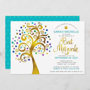 QR Code Bat Mitzvah Turquoise Gold Tree of Life Invitation