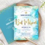 QR Code Bat Mitzvah Turquoise Watercolor Gold Foil Invitation<br><div class="desc">Be proud, rejoice and showcase this milestone of your favorite Bat Mitzvah! Send out this stunning, modern, personalized QR code invitation for an event to remember. Sparkly faux gold foil script, glitter dots, Star of David and handwritten script typography overlay a turquoise watercolor background. On the back, additional gold glitter...</div>