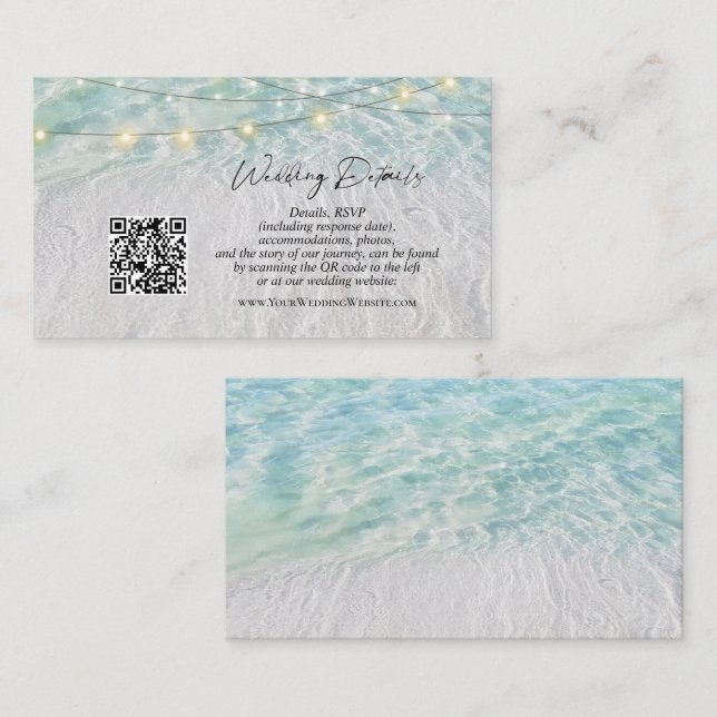 QR Code Beach Seaside String Lights Wedding Detail Enclosure Card (Front/Back)