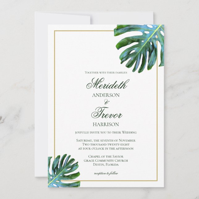 QR Code Beach Tropical Monstera Leaves Gold Photo  Invitation (Front)