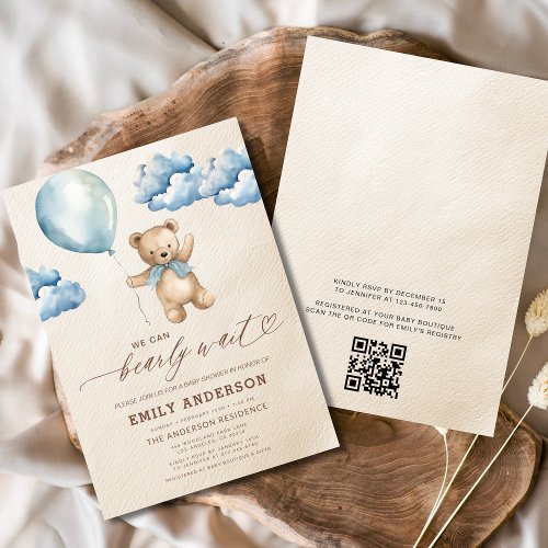 We Can Bearly Wait Blue baby shower invitation