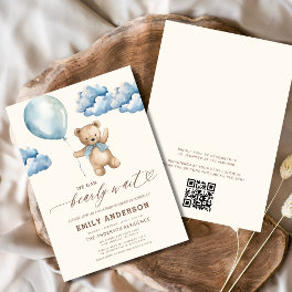 QR Code Bearly Wait Blue Boy Baby Shower Invitation